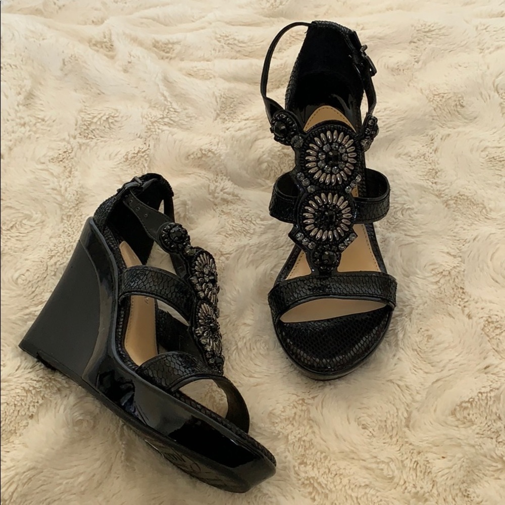 Gianni Bini Jeweled Black Patent Leather Sandals